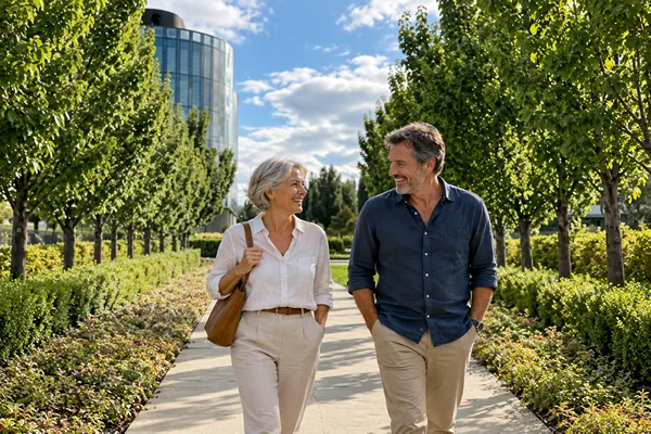 Couple walking along a tree lined path in Canberra