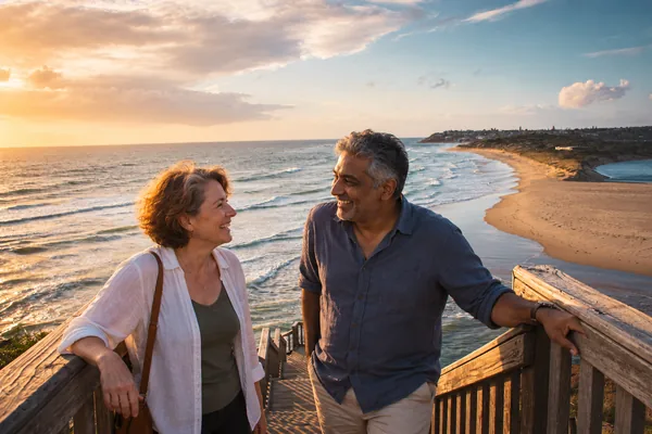 Couple chatting on the clifftop steps above the beach at Port Noarlunga, South Australia