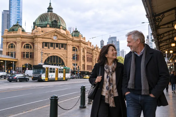 Couple walking past Flinders Street Station in Melbourne