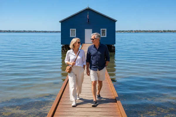 Couple walking along the jetty to the blue boatshed on the Swan River, Perth