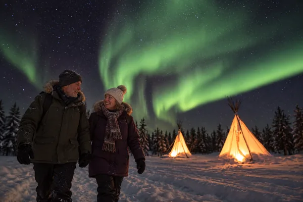 Couple walking in the snow under the northern lights near Yellowknife