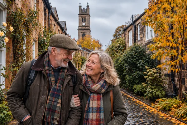 Couple walking down a cobbled lane in Edinburgh in autumn