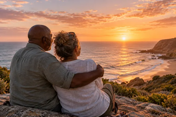 Couple watching the sun set over the ocean from a coastal bluff