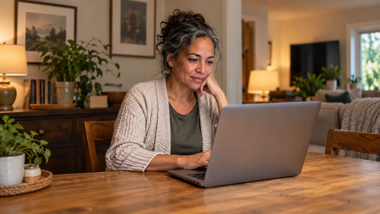 Woman at home thoughtfully reading her dating messages on a laptop