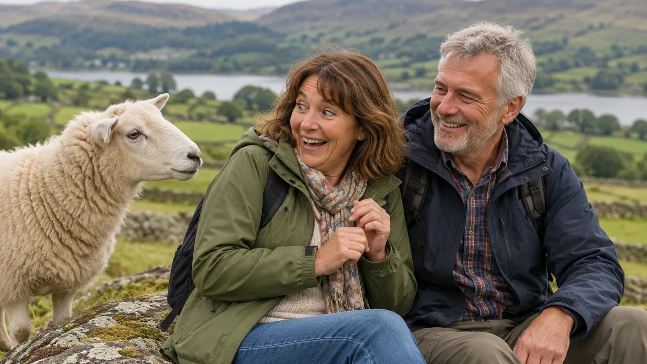 Couple on a country walk laughing as a curious sheep comes to say hello