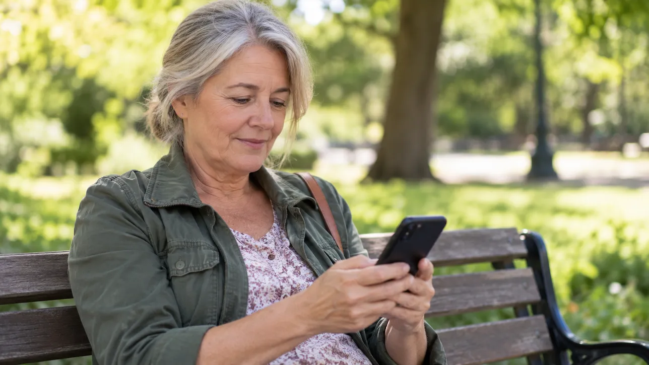 Woman sitting on a park bench writing her dating profile on her phone